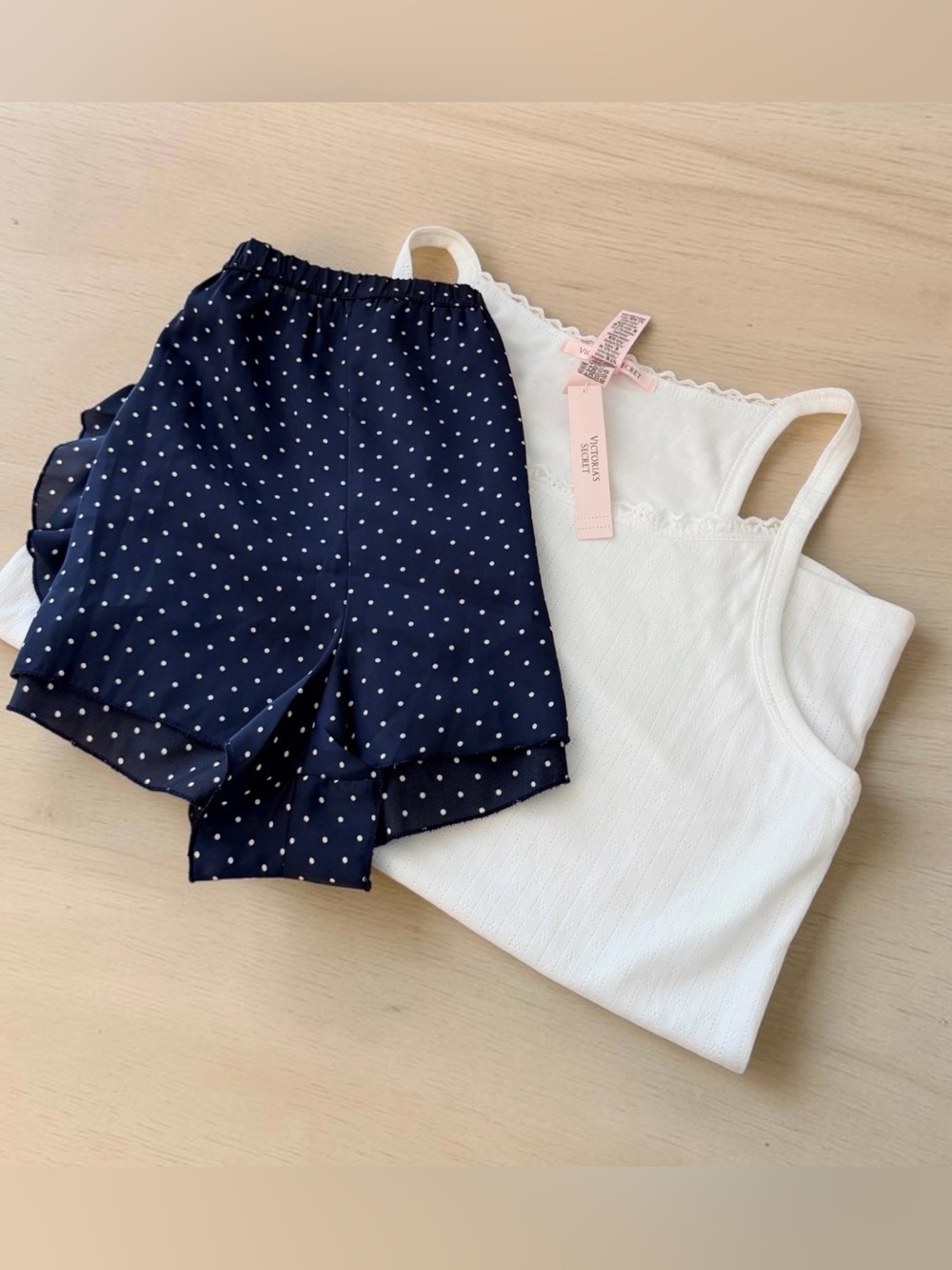 Victoria’s Secret Pajama Pointelle Cami & Shorts Navy Polka Dot Ruffle Satin L